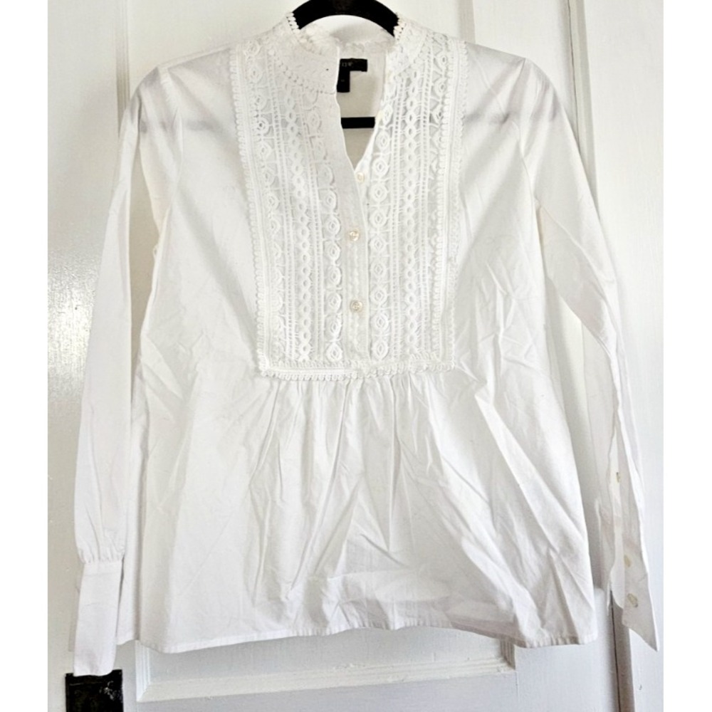 Jcrew Popover shirt with lace bib White 100% cotton 1/2 button pullover‎ Sz00